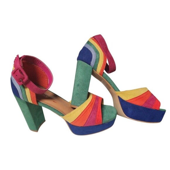 Unique Vintage Rainbow Suede Peep Toe Platforms Size EU39 US8 - Picture 2 of 8